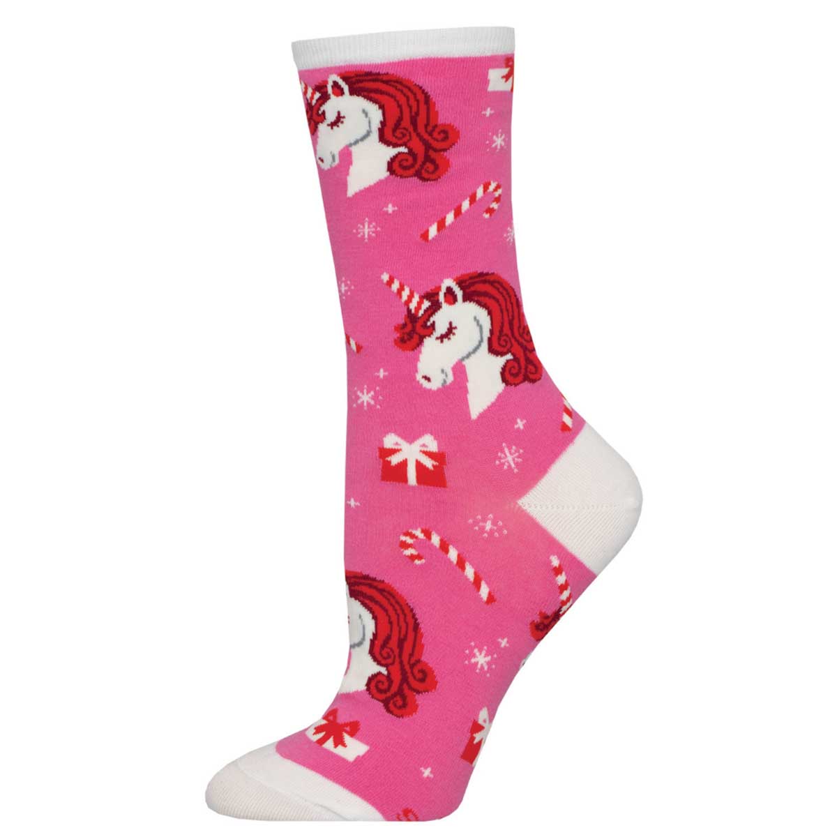 A pair of pink crew socks with unicorn designs and Christmas-themed patterns such as candy canes and snowflakes.