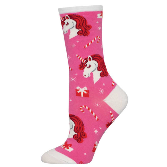 A pair of pink crew socks with unicorn designs and Christmas-themed patterns such as candy canes and snowflakes.
