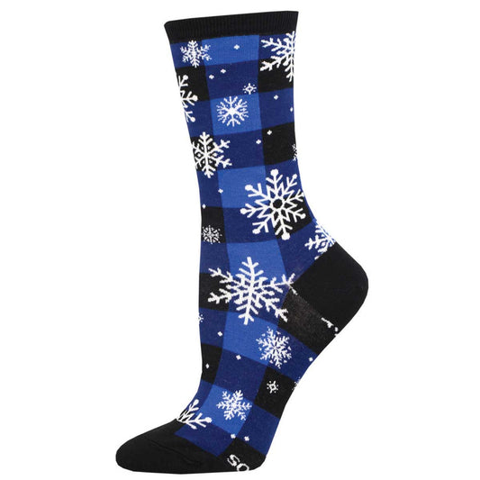 A pair of blue and black plaid socks with white snowflake patterns on them, designed for women.