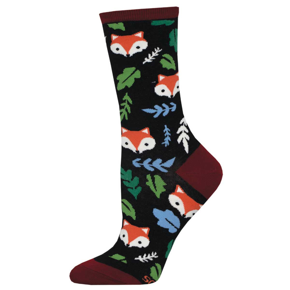 A pair of colorful crew socks featuring fox designs and autumn-themed patterns such as leaves and acorns, predominantly in black - featuring orange, white, blue, and green colors.