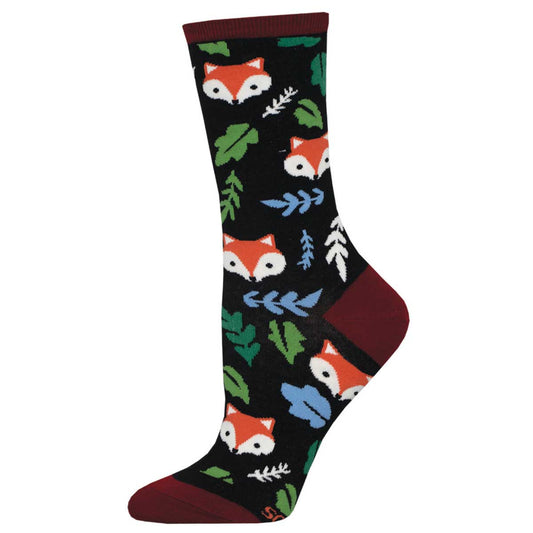 A pair of colorful crew socks featuring fox designs and autumn-themed patterns such as leaves and acorns, predominantly in black - featuring orange, white, blue, and green colors.