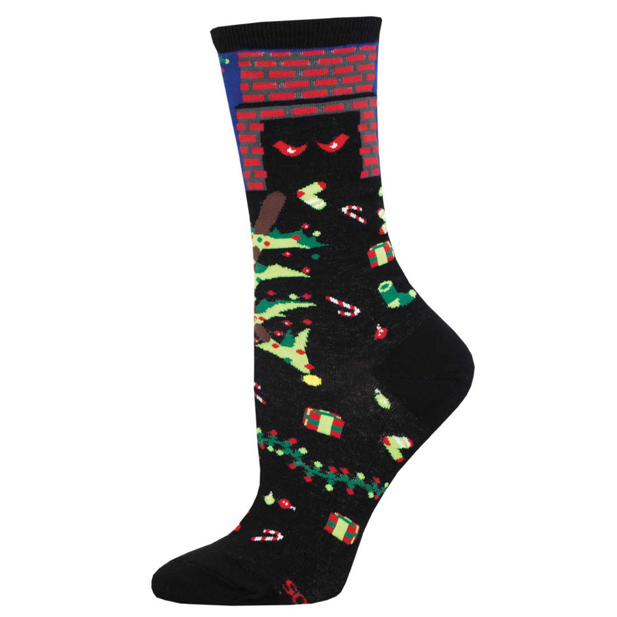 A pair of black crew socks with a Christmas themed pattern including multicolored lights and what appears to be a grinch-like figure.
