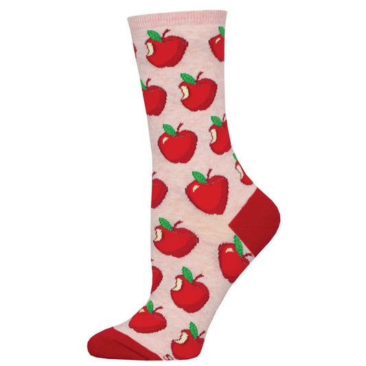 A pair of women's crew socks with a pattern of red apples on a pink background.