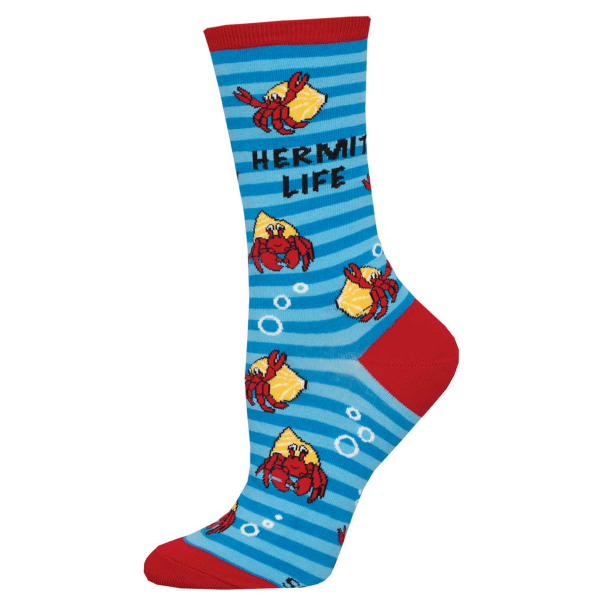 A pair of colorful crew socks featuring the text 'HERMIT LIFE' and crab illustrations on a blue striped pattern with a red heel, toe, and cuff.