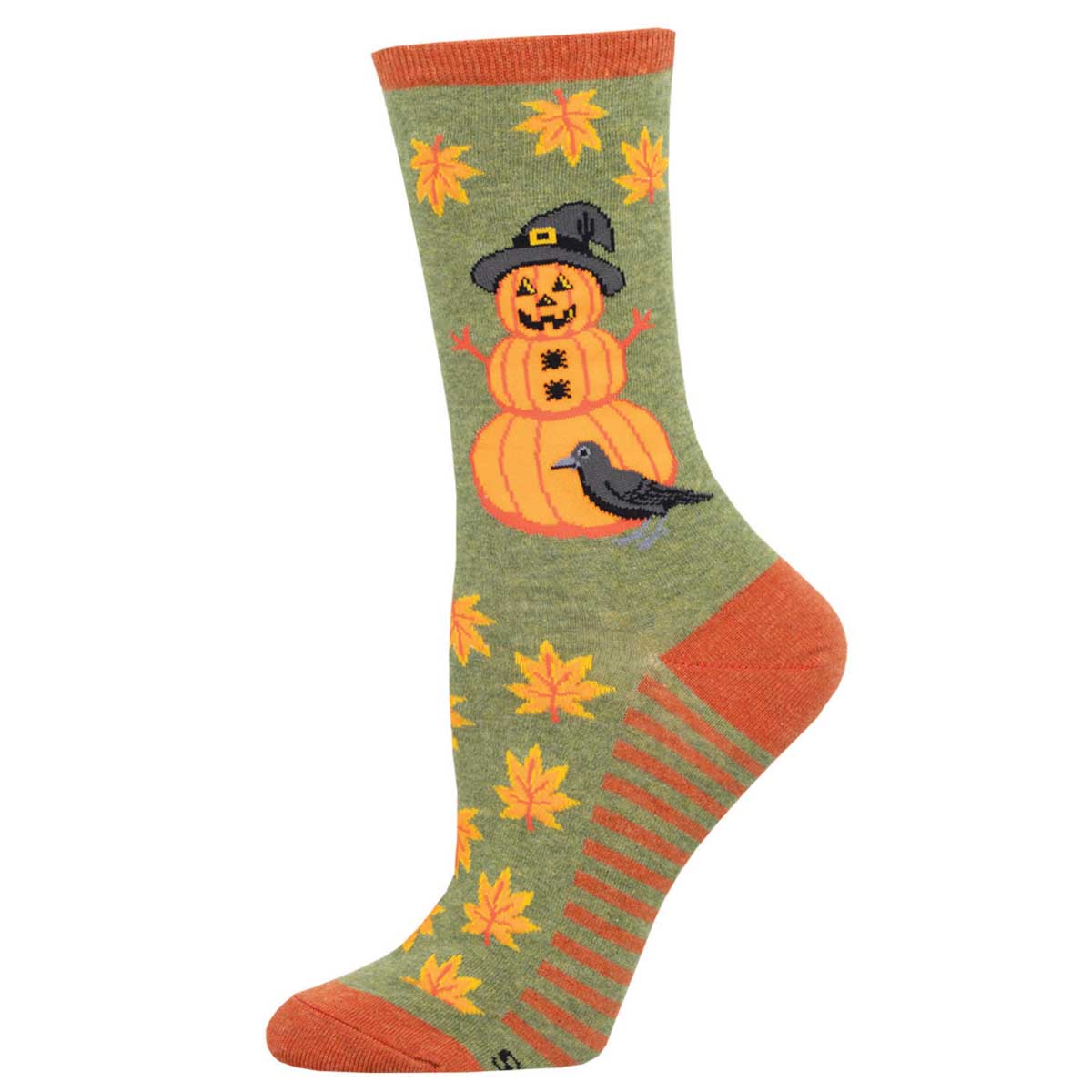 A pair of socks with a pumpkin character wearing a hat and a crow design, surrounded by fall leaves on a heathered green background.