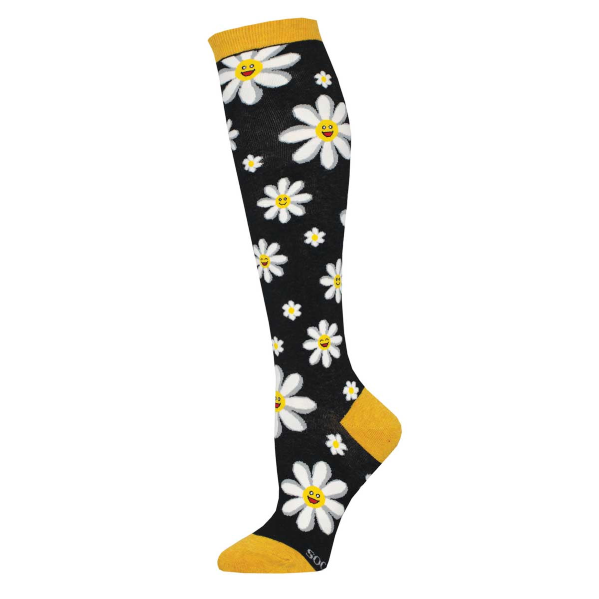 A pair of knee-high socks with a floral pattern featuring white daisies and yellow accents on a black background.