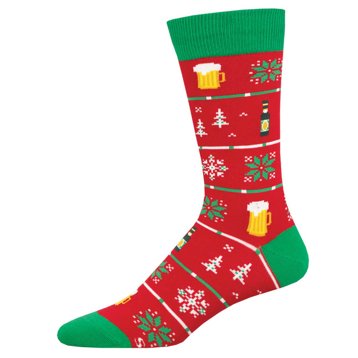 A pair of red and green socks with a Christmas theme, featuring images of beer glasses and holiday motifs on a red background.