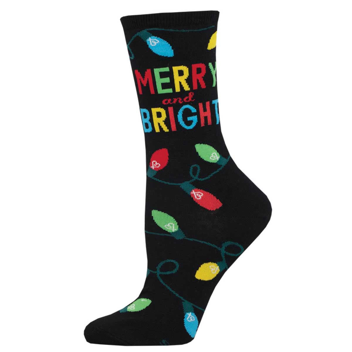 A pair of black crew socks with a 'Merry and Bright' text and colorful Christmas light patterns.