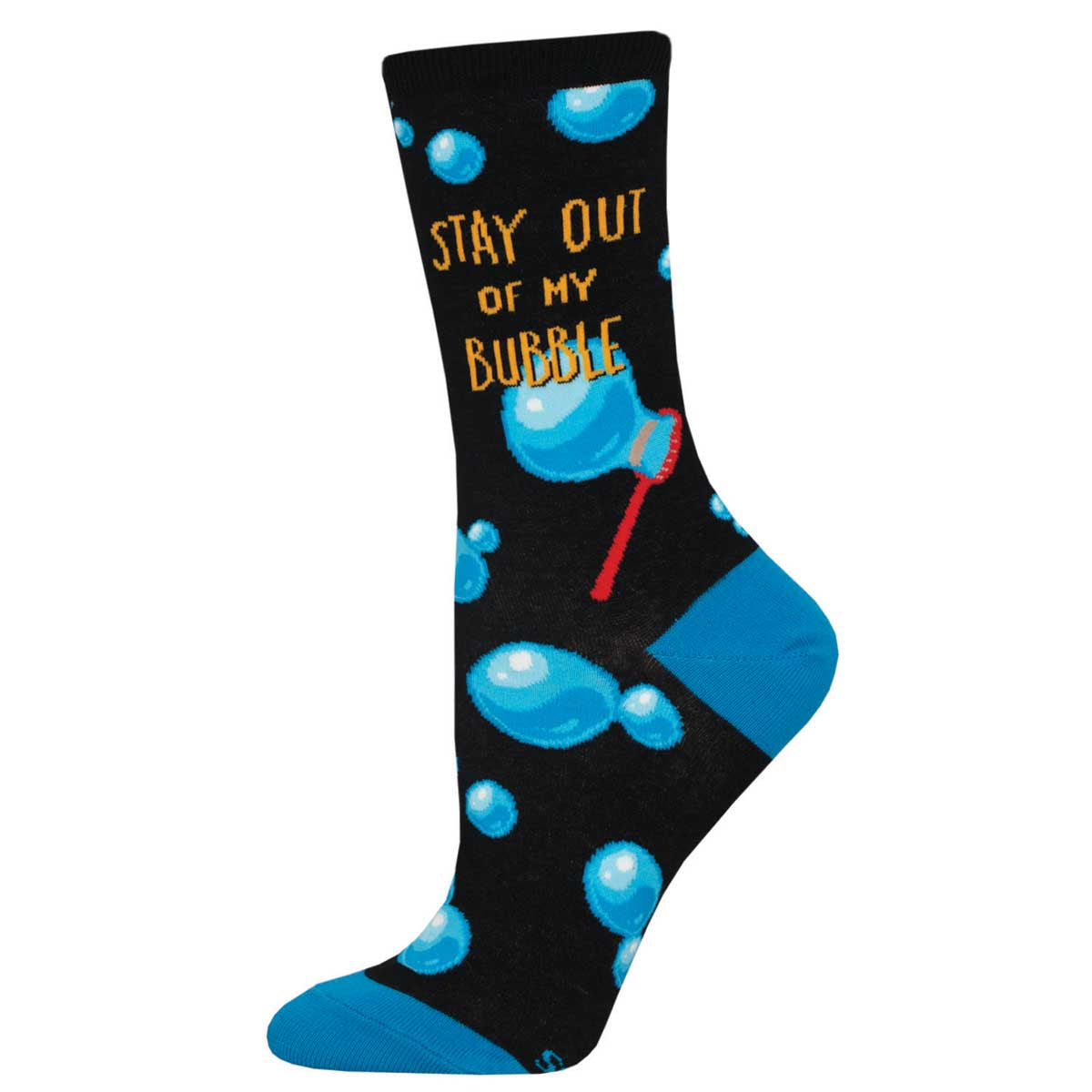 A pair of black cotton crew socks with a design of blue bubbles and text saying 'STAY OUT OF MY BUBBLE' in yellow letters.