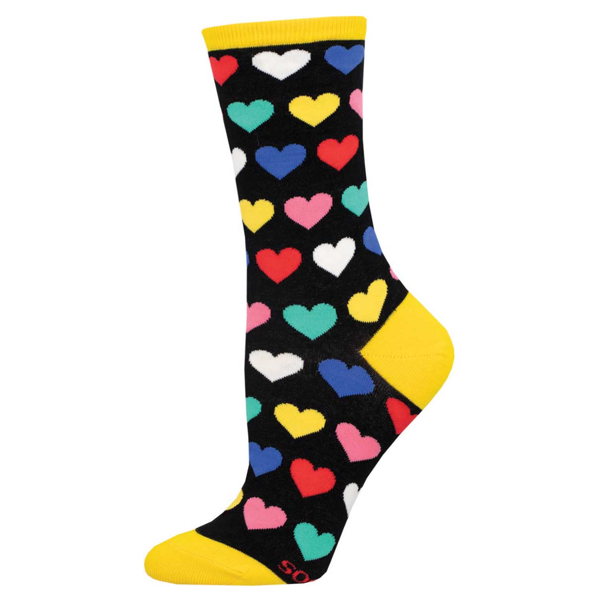 A pair of colorful crew socks featuring a pattern of multicolored hearts on a black background with a yellow heel and toe design.