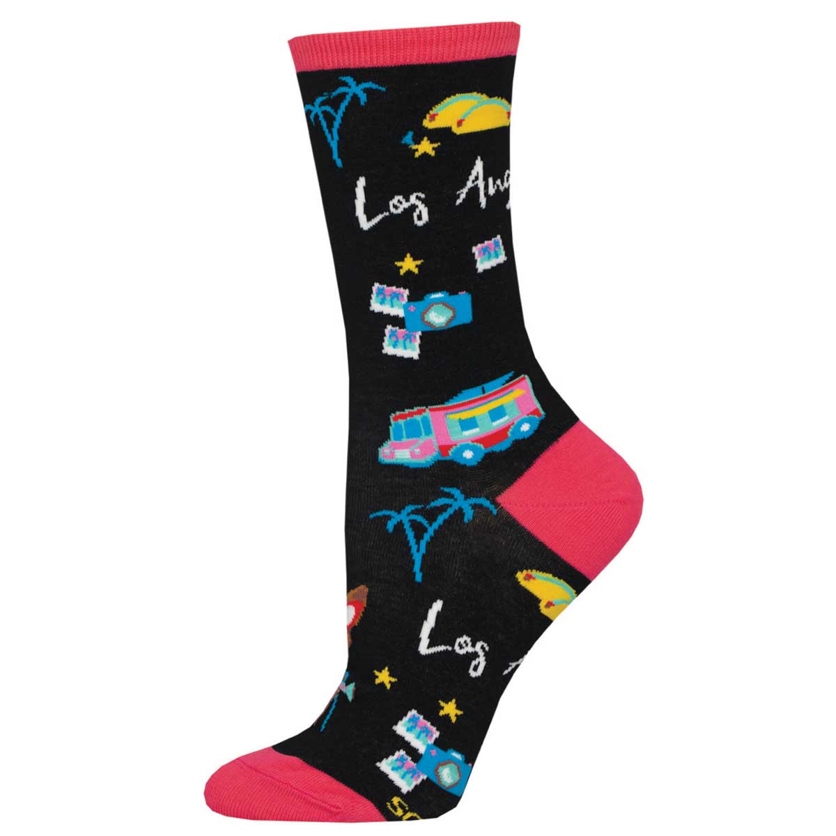 A pair of black cotton crew socks with Los Angeles text and various city-related illustrations such as a hot dog, palm trees, and a school bus.
