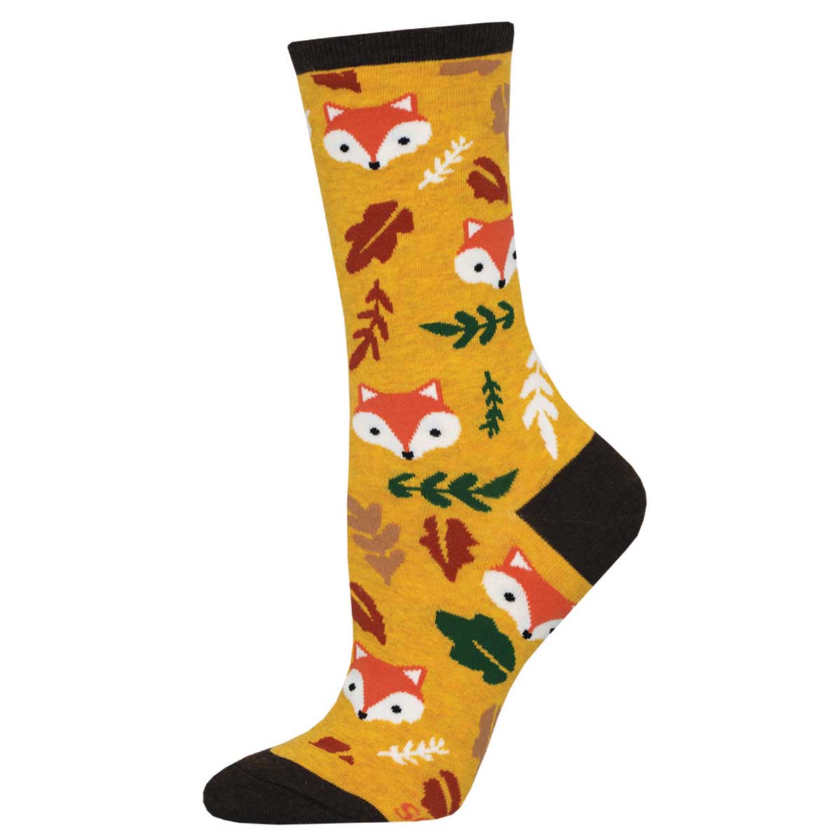 A pair of colorful crew socks featuring fox designs and autumn-themed patterns such as leaves and acorns, predominantly in gold - featuring orange, white, red, and green colors.