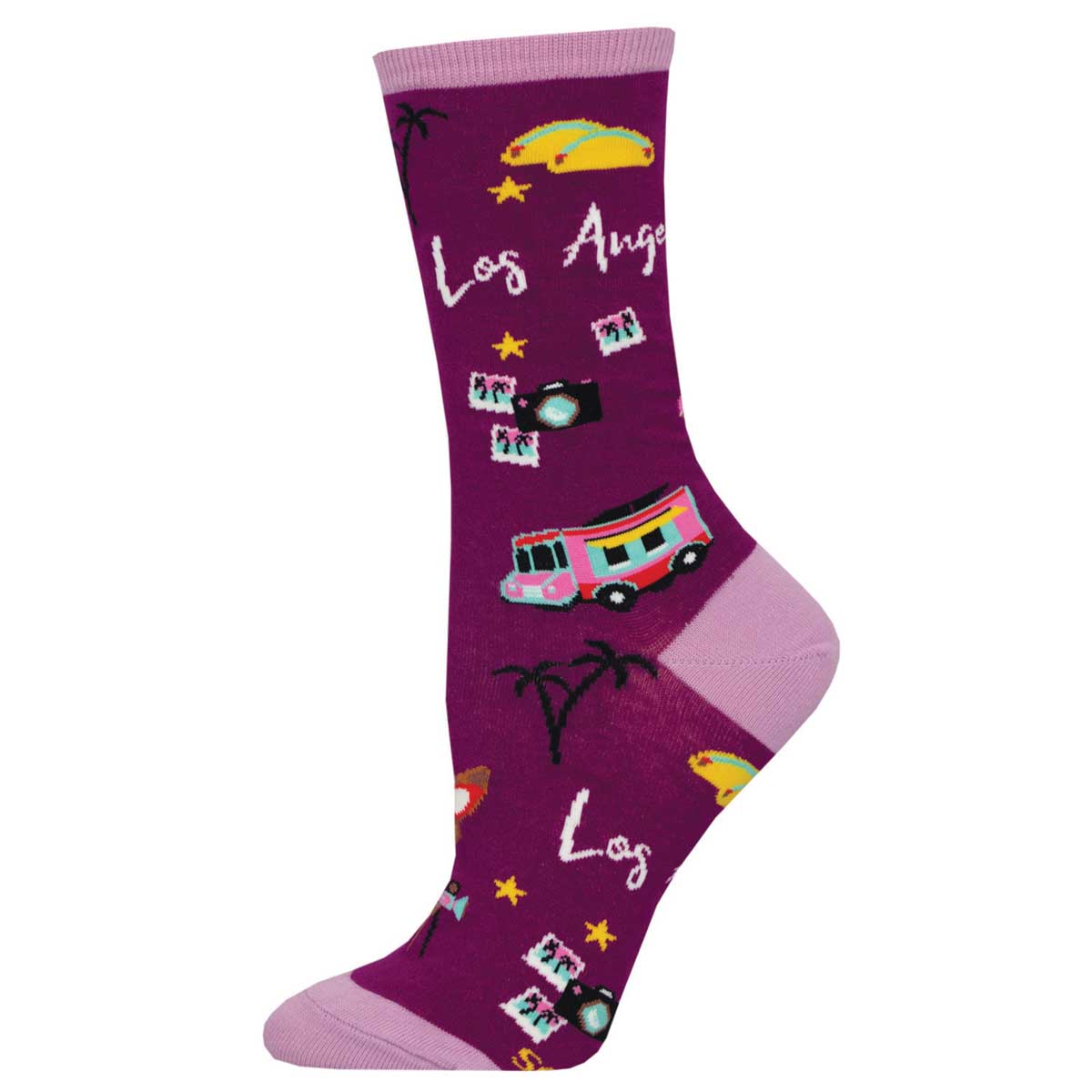 A pair of purple cotton crew socks with Los Angeles text and various city-related illustrations such as a hot dog, palm trees, and a school bus.