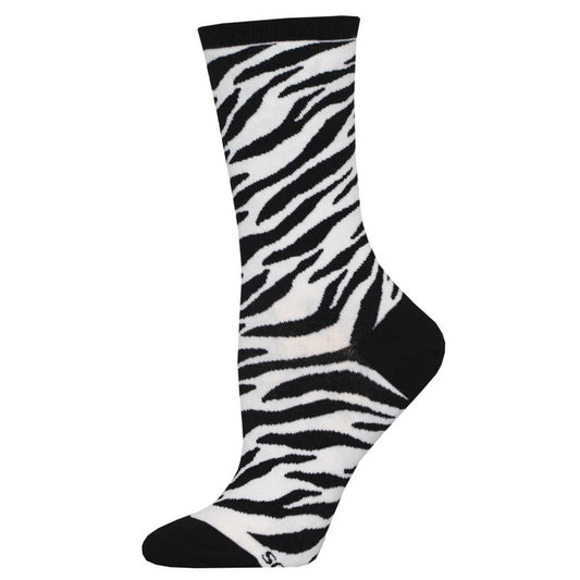 A pair of women's socks with a zebra print design in black and white.