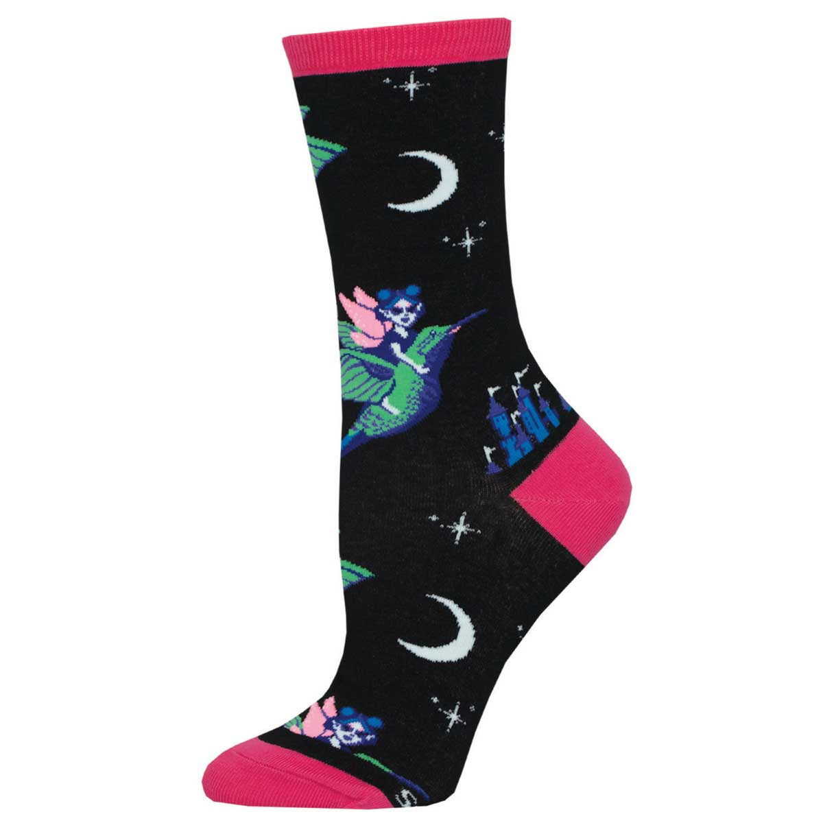A pair of women's socks with a fairy, moon, and star pattern on a black background with pink at the heel and toe.
