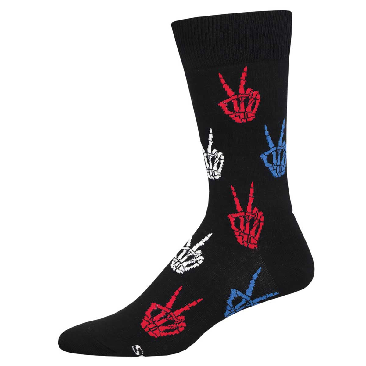 A black crew sock with a pattern of red, white, and blue peace signs.