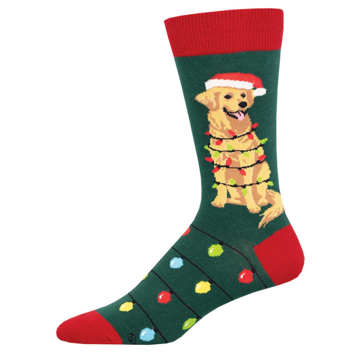 A pair of green crew socks with a design of a dog wearing a Santa hat entangled in Christmas lights, surrounded by colorful dots representing lights.
