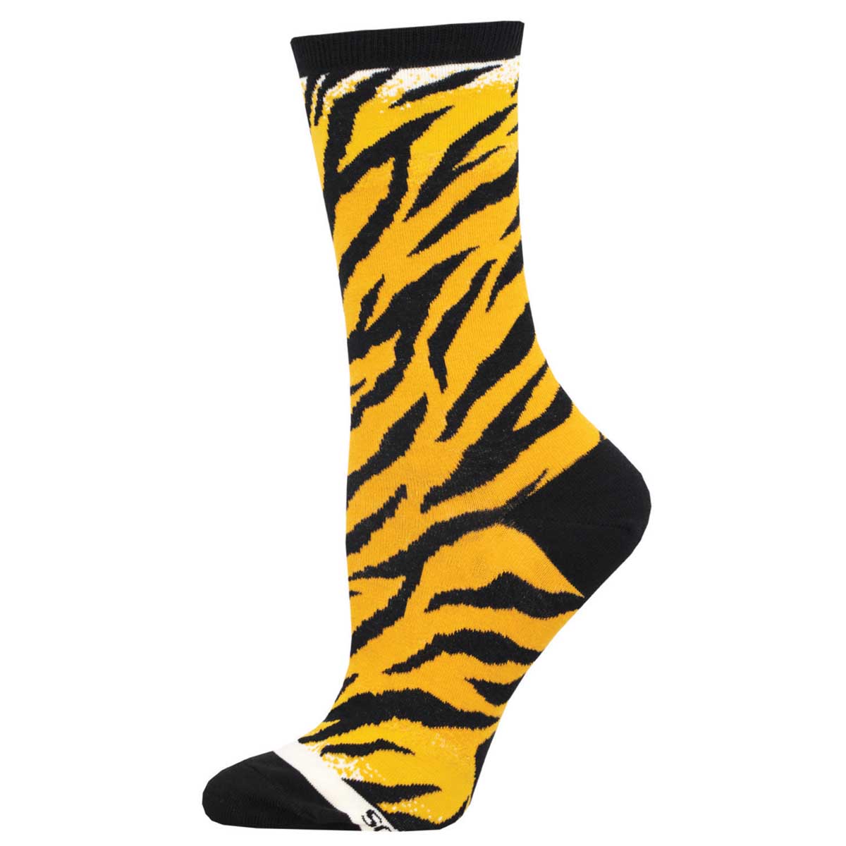 A pair of yellow and black striped crew socks with a tiger pattern.