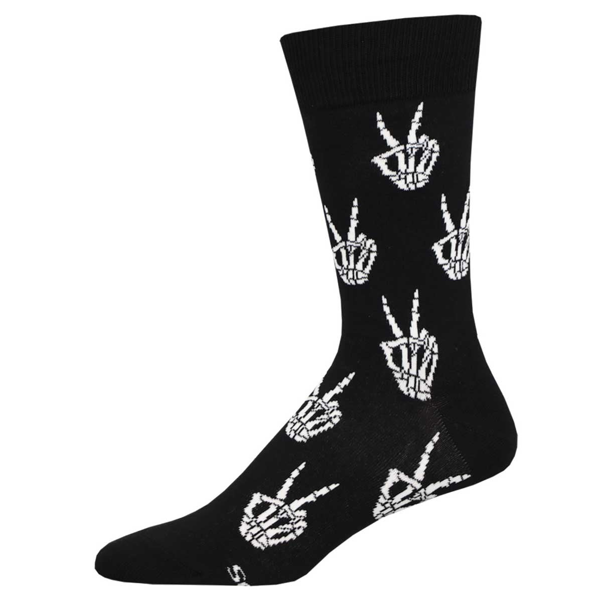 A black crew sock with a pattern of white peace signs.