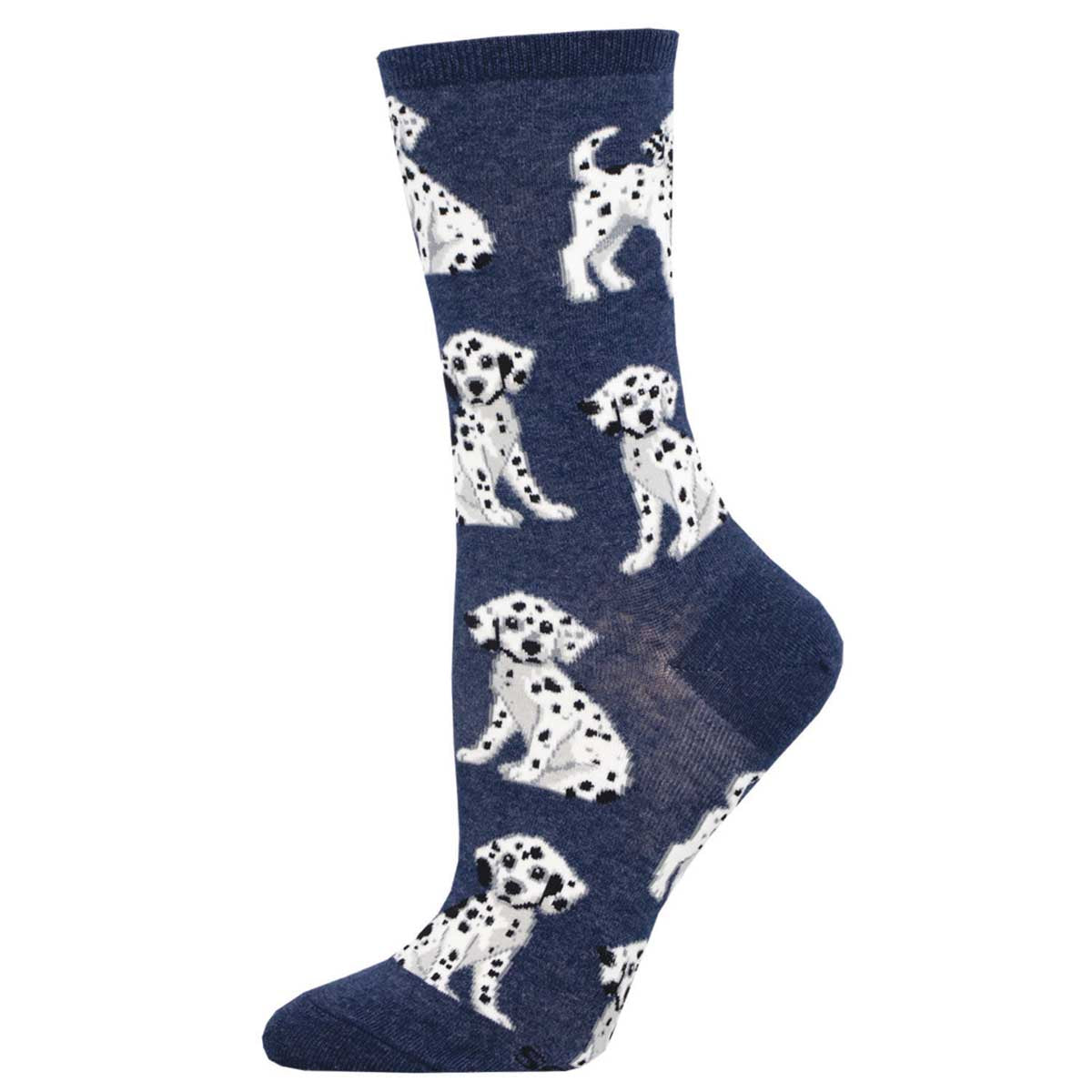 A pair of navy crew socks with a pattern of white Dalmatian dogs.