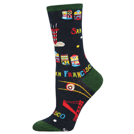 A pair of colorful charcoal crew socks featuring various symbols and text related to San Francisco.