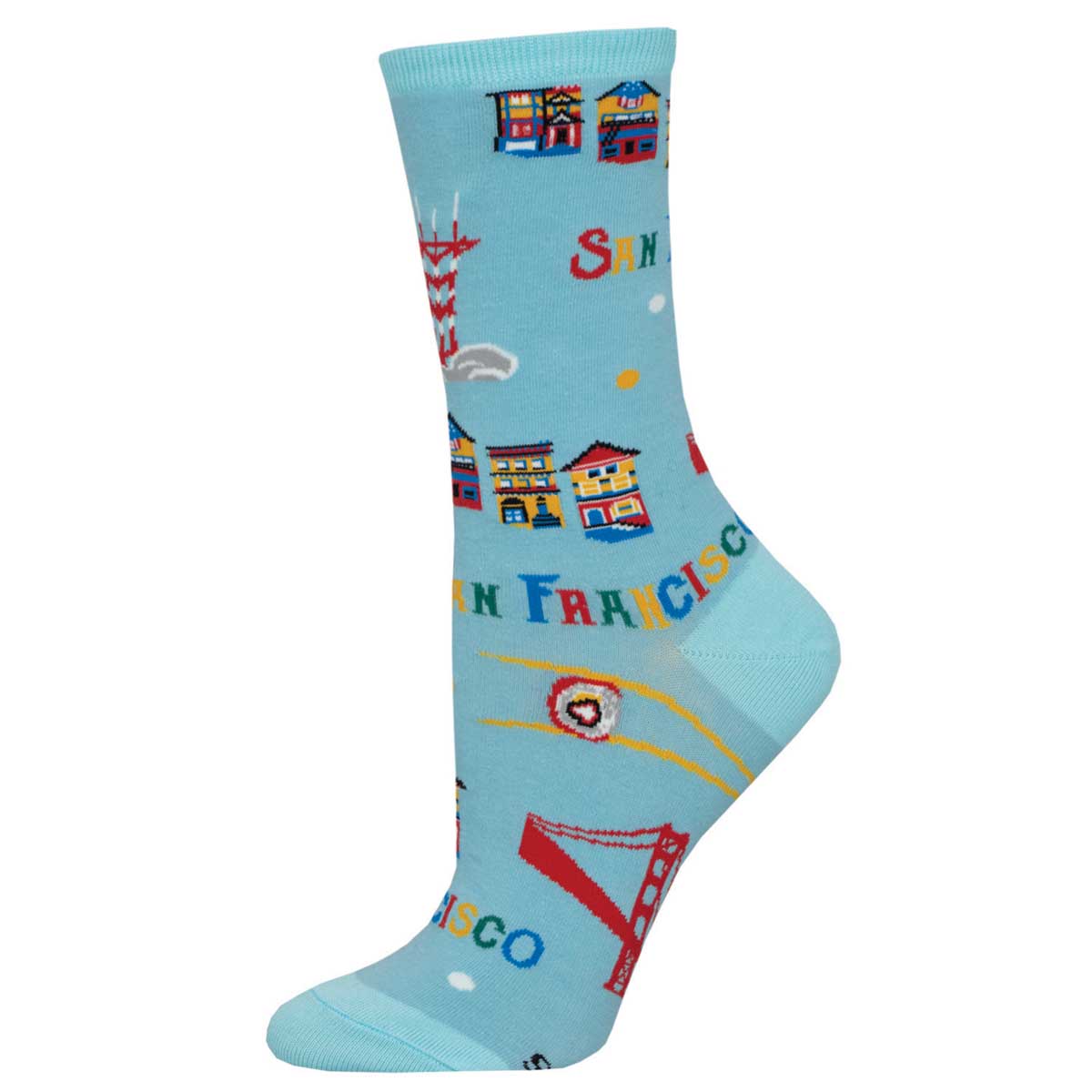 A pair of colorful blue crew socks featuring various symbols and text related to San Francisco.