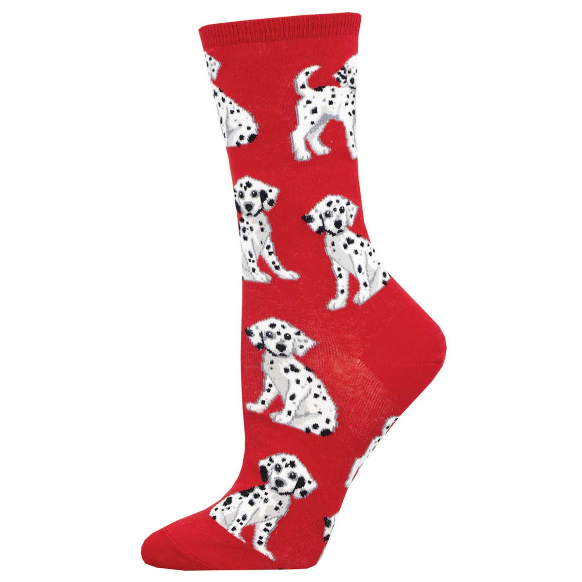 A pair of red crew socks with a pattern of white Dalmatian dogs.