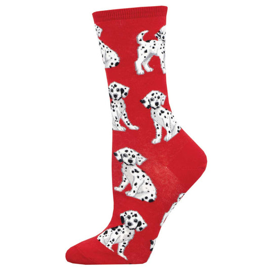A pair of red crew socks with a pattern of white Dalmatian dogs.