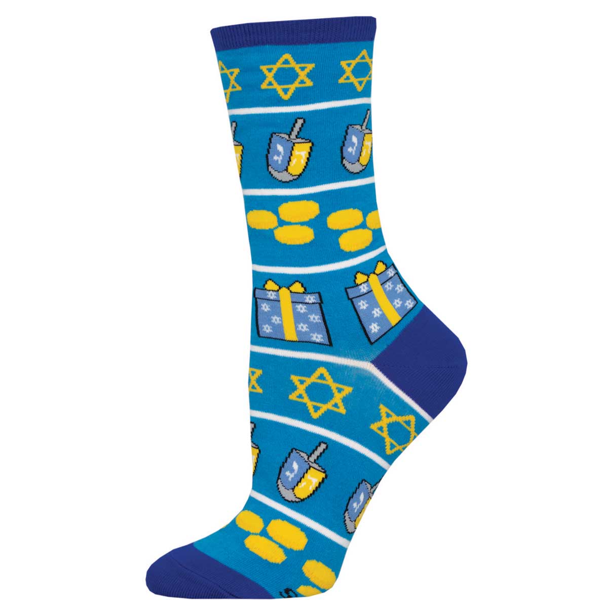 A pair of blue cotton crew socks with Hanukkah-themed patterns including a menorah and stars of David.