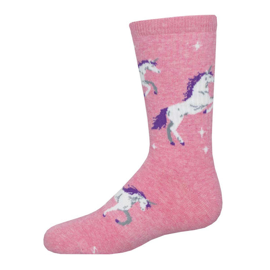 A pink crew sock with unicorn patterns and stars.