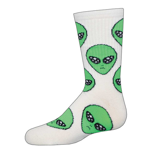 A pair of white crew socks with a pattern of green alien heads on them.