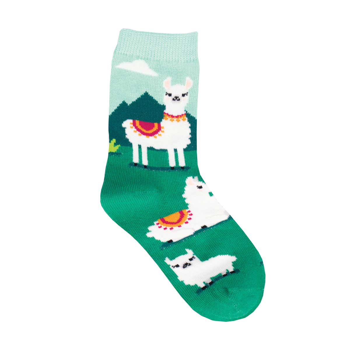 A green kids' crew sock with a cartoon illustration of a llama wearing a scarf, surrounded by smaller cartoon llamas against a patterned background.