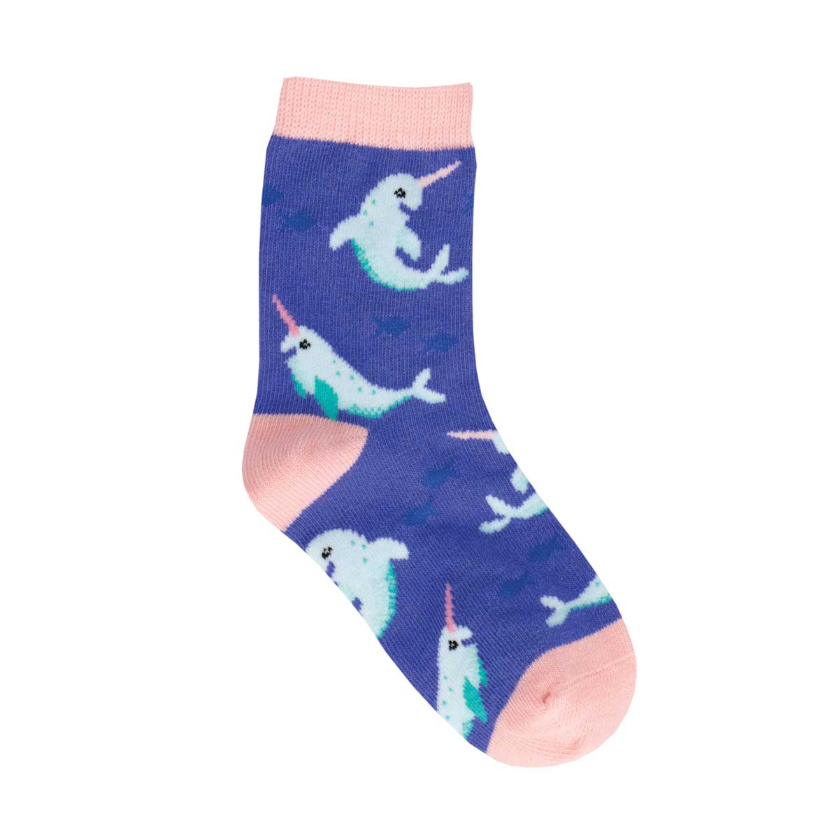 A pair of children's socks with a pattern of narwhals in shades of blue on a purple background and pink at the heels and toes.