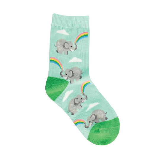Children's socks with a green base showing gray elephants and rainbow patterns.