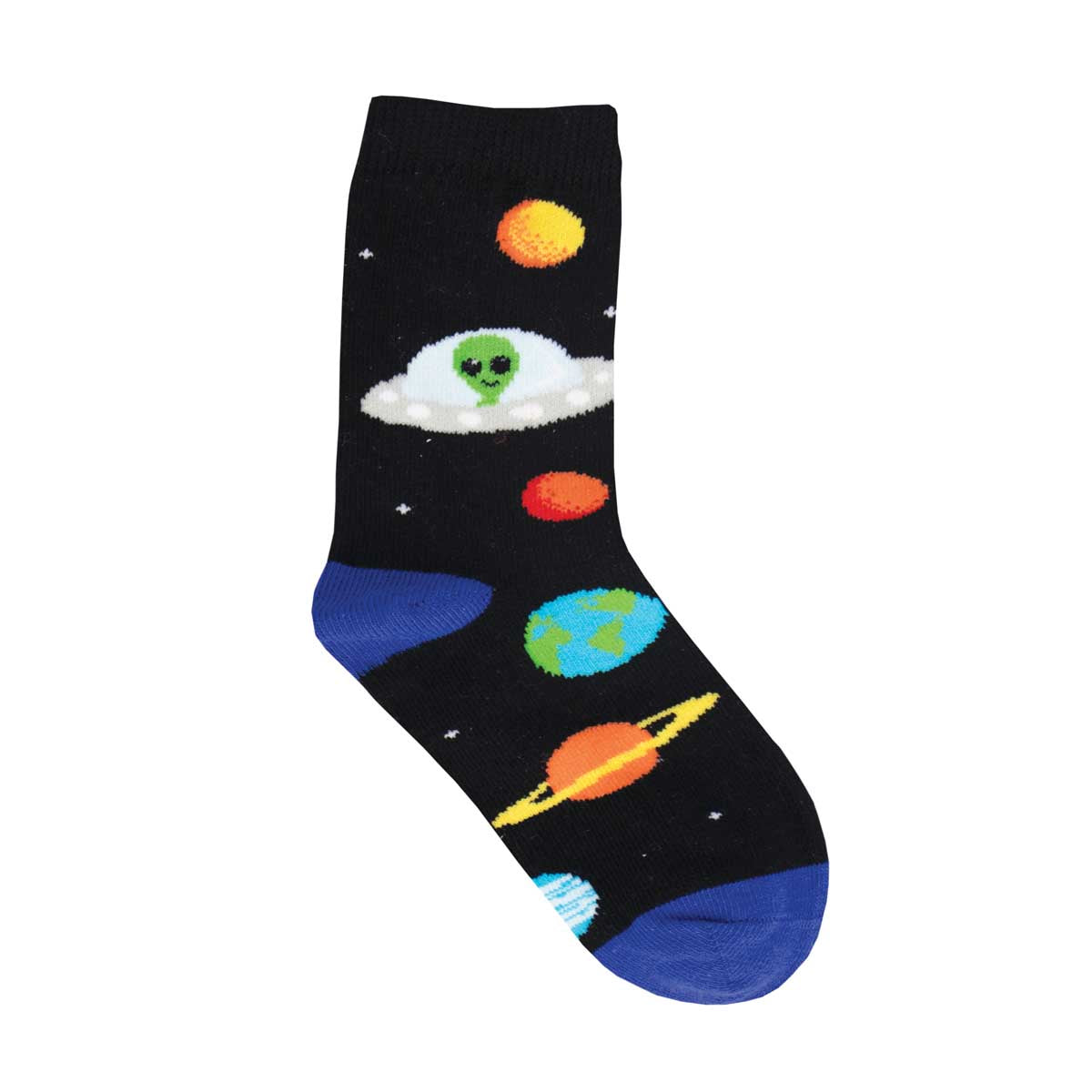 A pair of colorful kids socks with a space theme, featuring planets and an alien character.