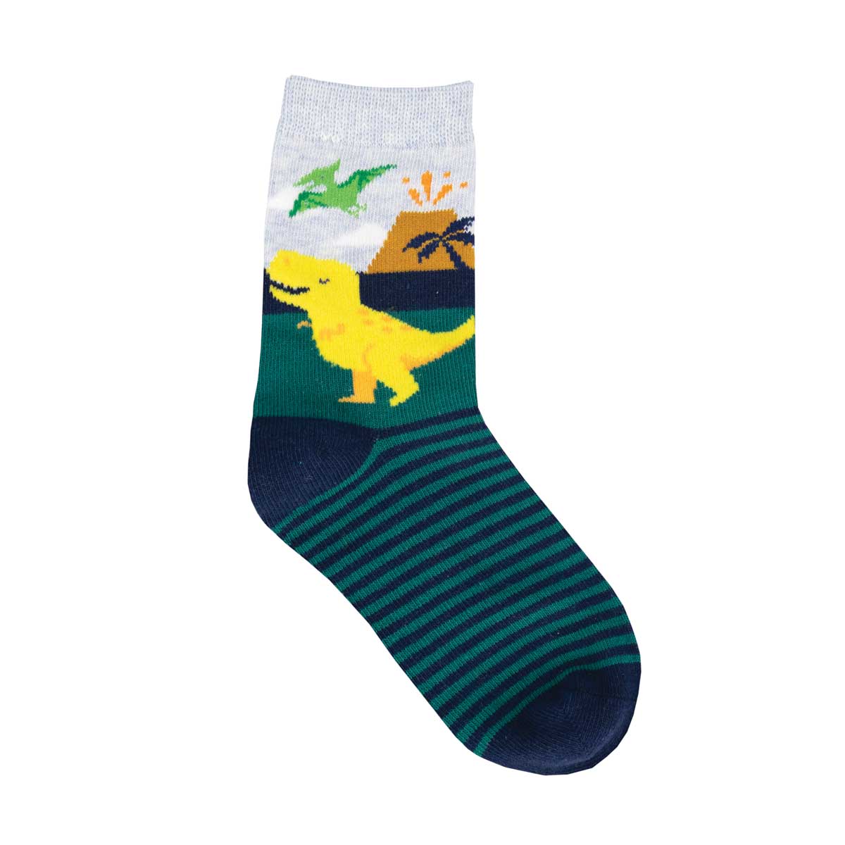 A pair of kids' crew socks with a pattern featuring a T-Rex dinosaur and other prehistoric animals in a volcanic landscape.