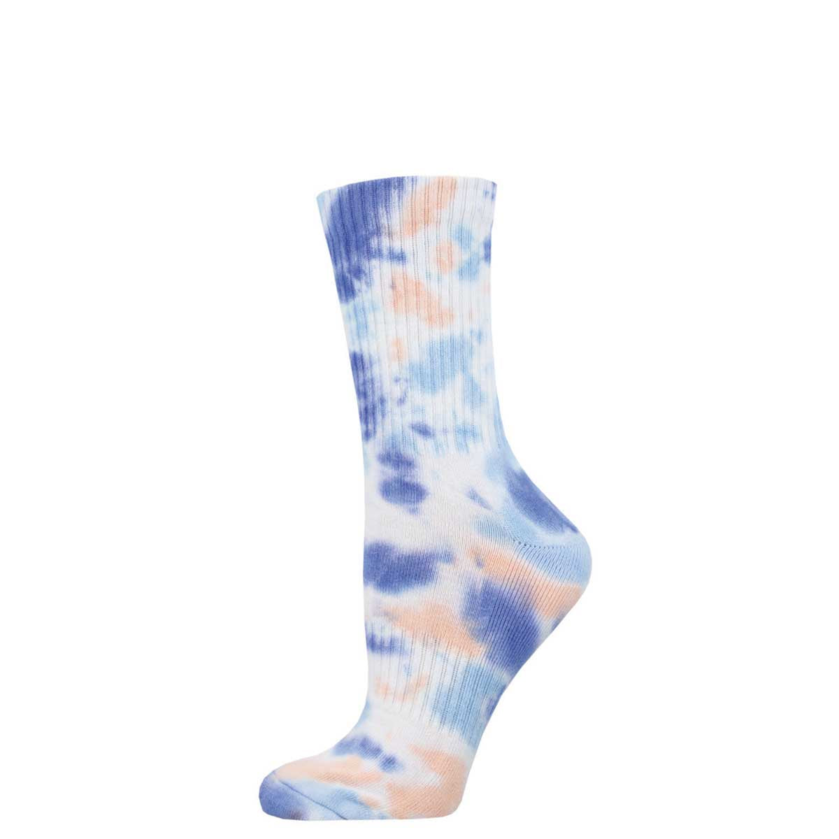 A tie-dye patterned athletic crew sock in shades of blue, peach, and white.