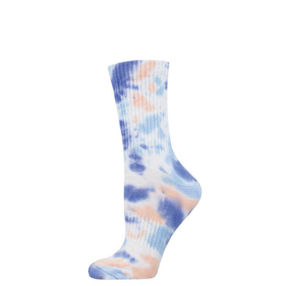 A tie-dye patterned athletic crew sock in shades of blue, peach, and white.