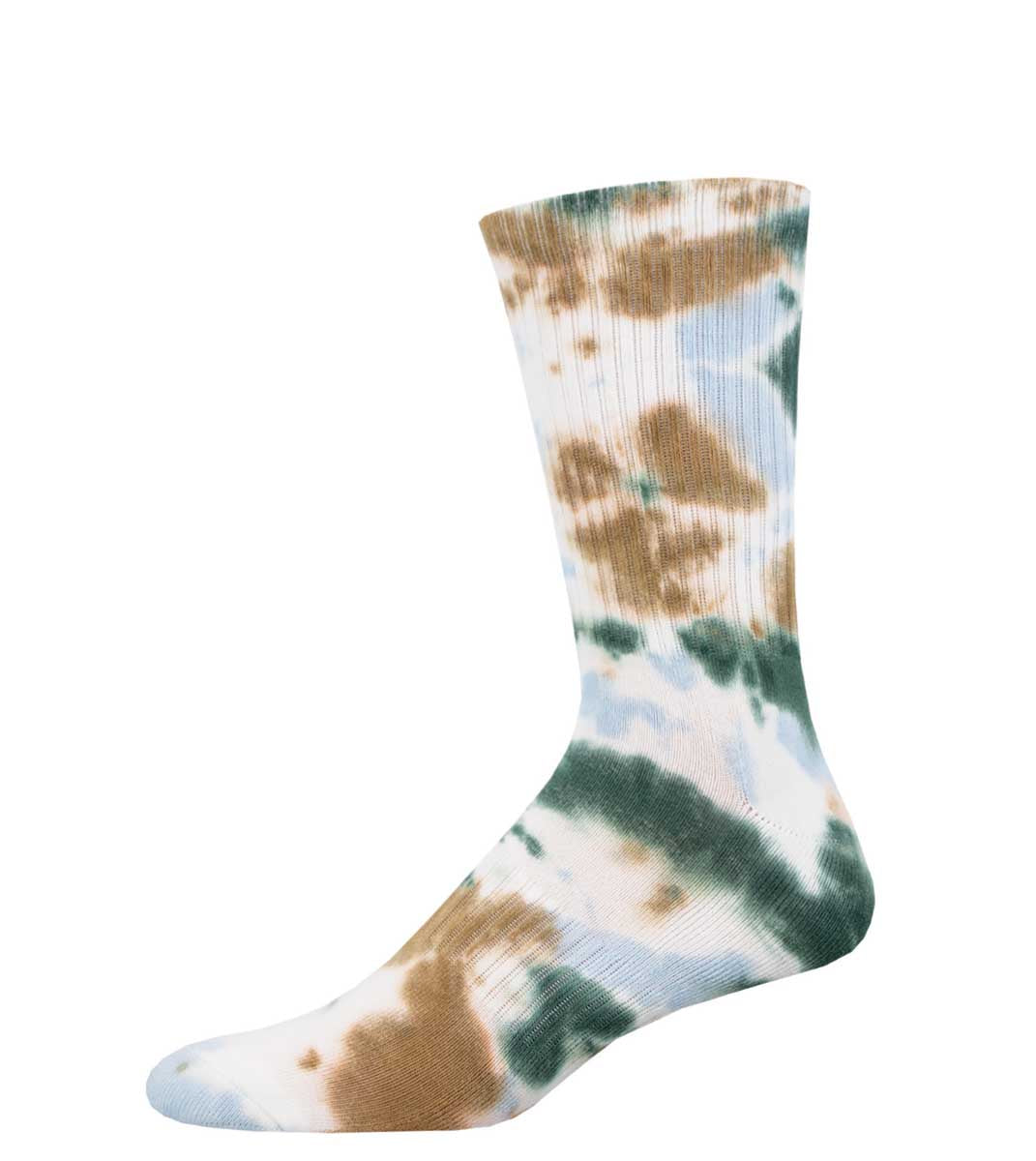 A tie-dye patterned athletic crew sock in shades of brown, green, blue, and white.