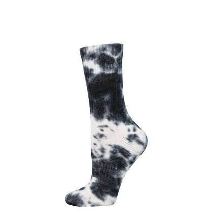 A tie-dye patterned athletic crew sock in shades of black and white.