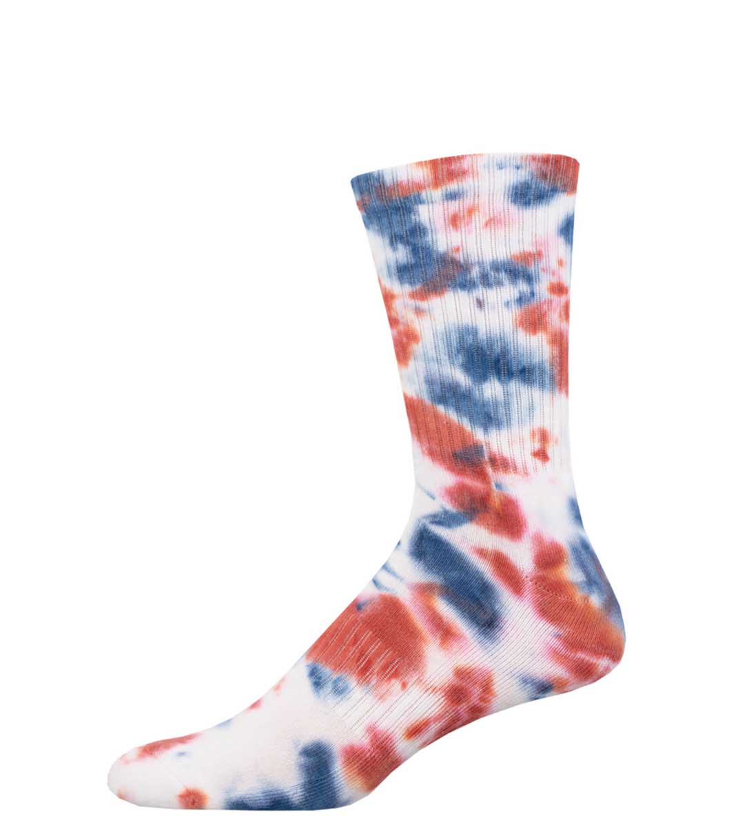 A tie-dye patterned athletic crew sock in shades of red, blue, and white.