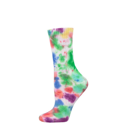 A pair of athletic crew socks with an extremely colorful tie dye pattern of green, blue, red, purple, yellow, and white. 