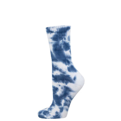 A tie-dye patterned athletic crew sock in shades of inky blue and white.