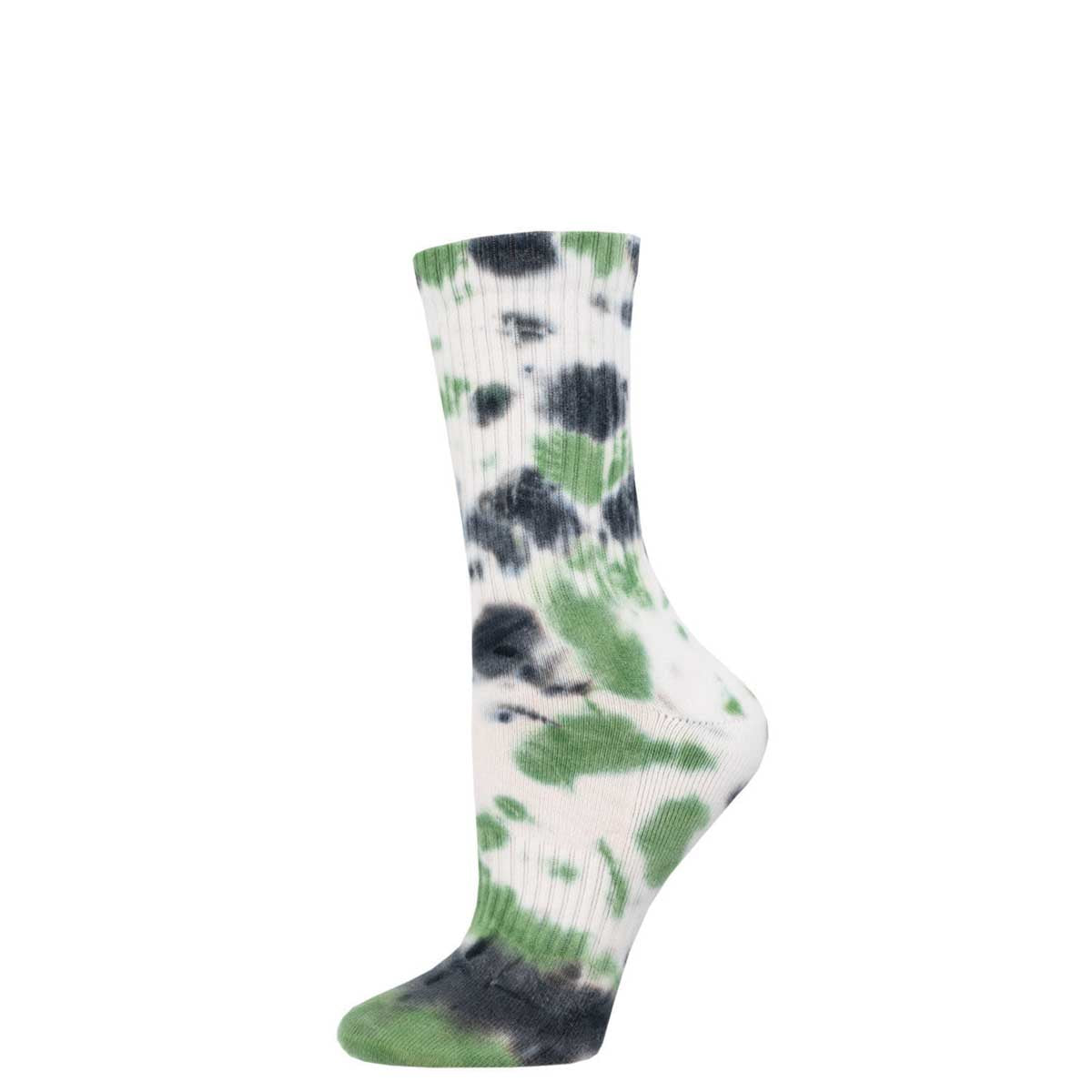 A tie-dye patterned athletic crew sock in shades of green, black, and white.