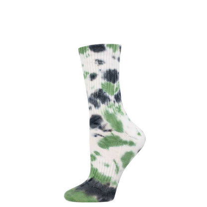 A tie-dye patterned athletic crew sock in shades of green, black, and white.