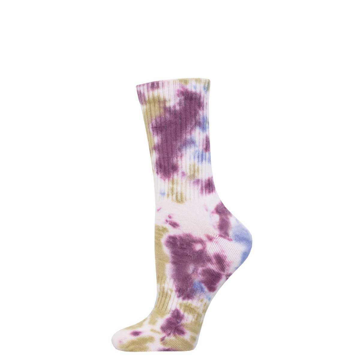 A tie-dye patterned athletic crew sock in shades of brown, purple, blue, and white.
