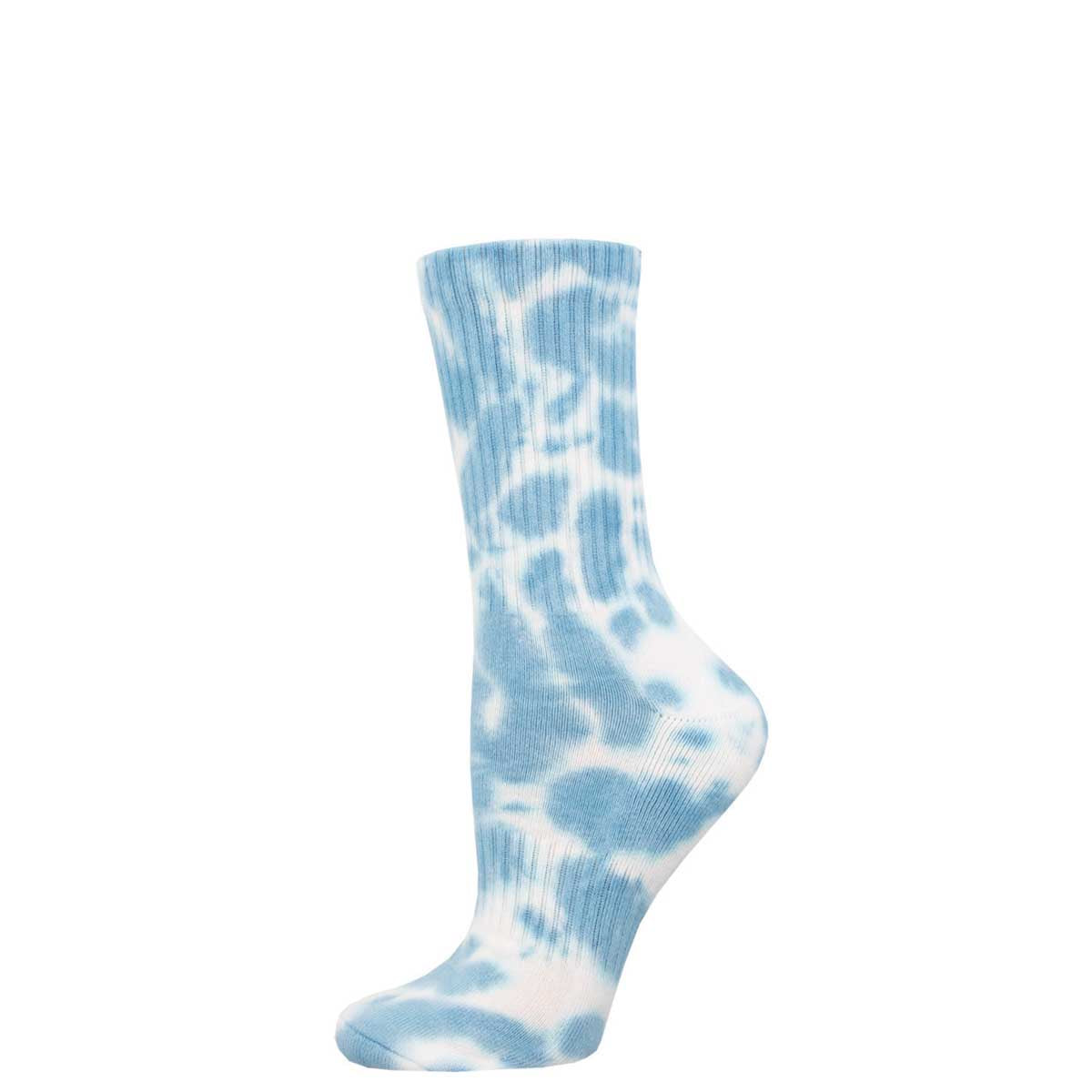 A tie-dye patterned athletic crew sock in shades of baby blue and white.