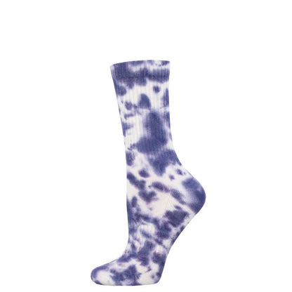 A tie-dye patterned athletic crew sock in shades of inky blue and white.