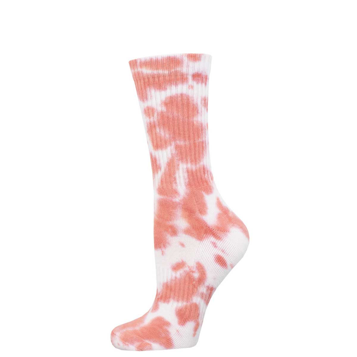 A tie-dye patterned athletic crew sock in shades of peachy pink and white.