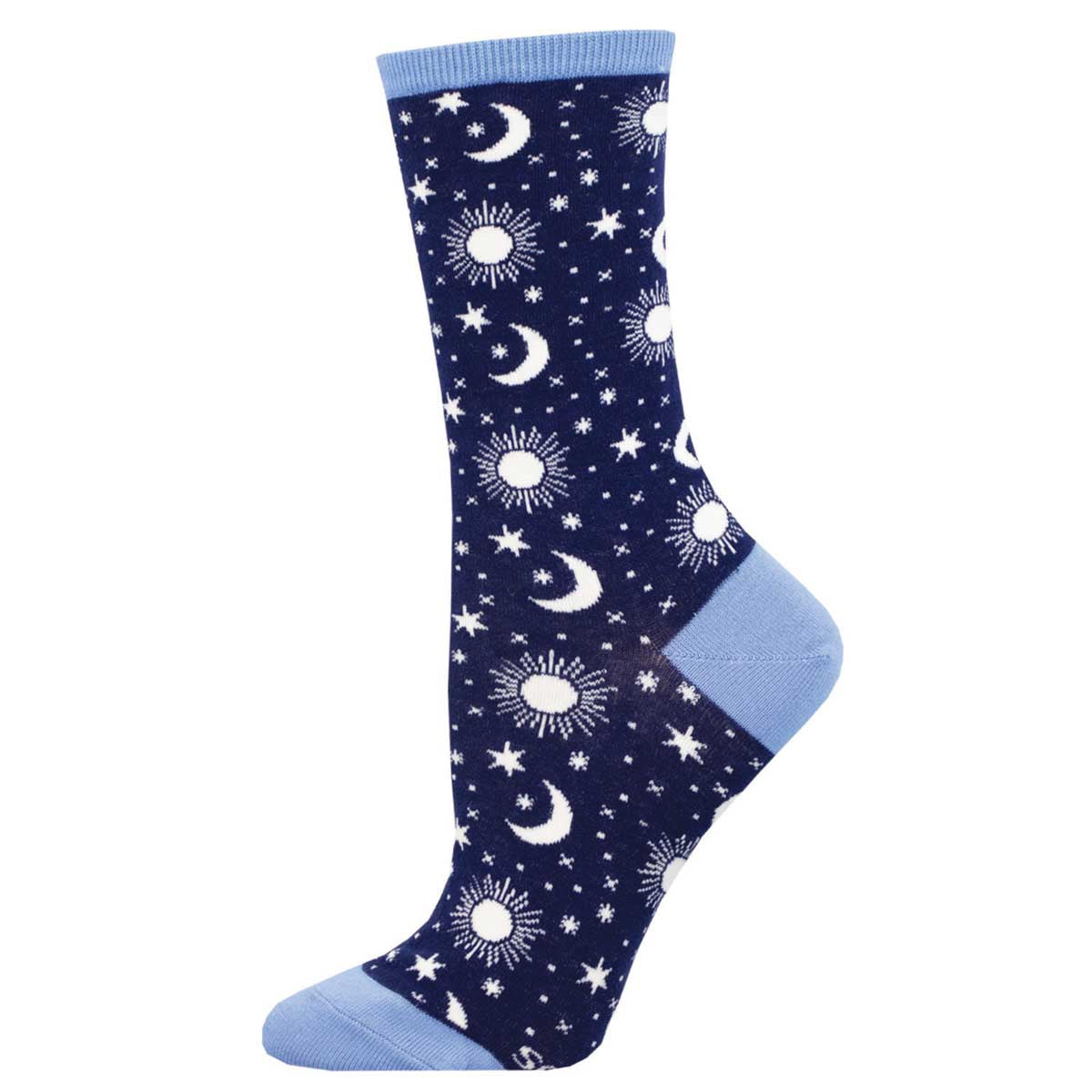 A pair of navy blue cotton crew socks with a pattern of moons, suns, and stars in white.